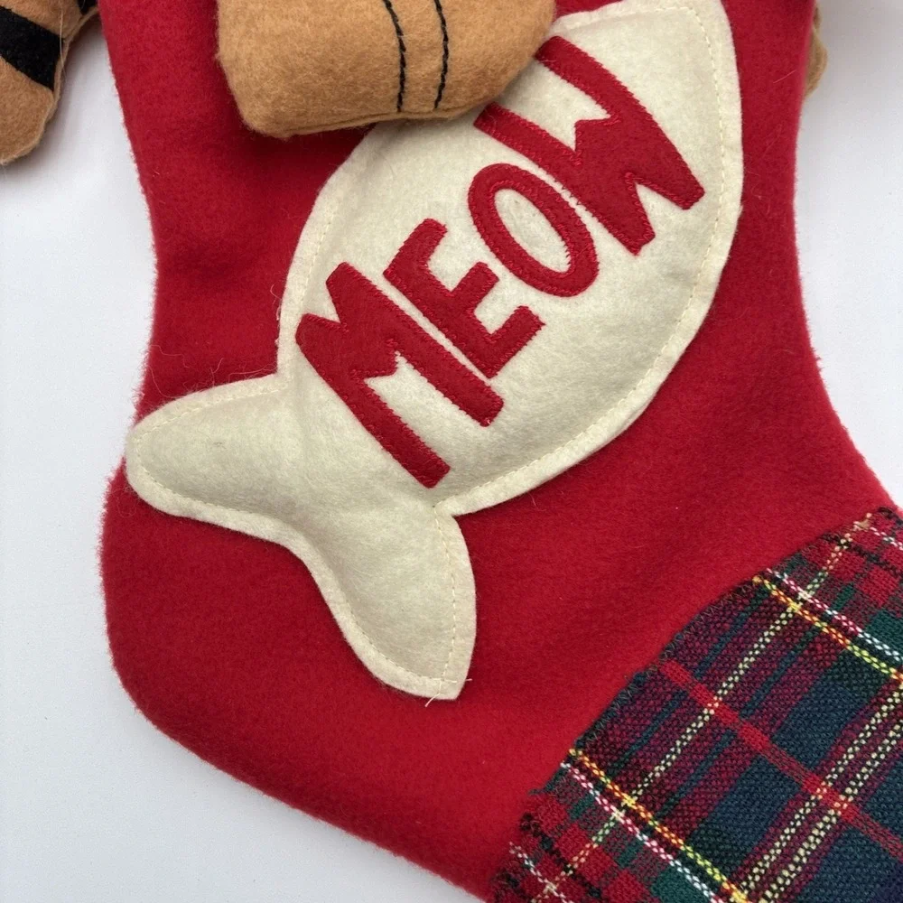 Christmas Cat Stocking Red Felt Orange Tabby Plaid Bow Tie Meow Fish 20 inch